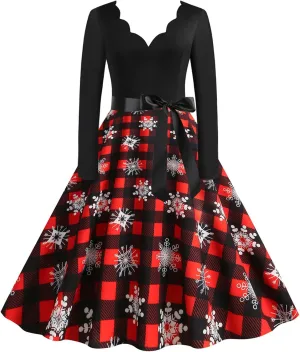 Women Plaid Christmas Dress Vintage Elegant Long Sleeve V Neck Midi Dress Evening Party Prom Party Oversized Swing Dress