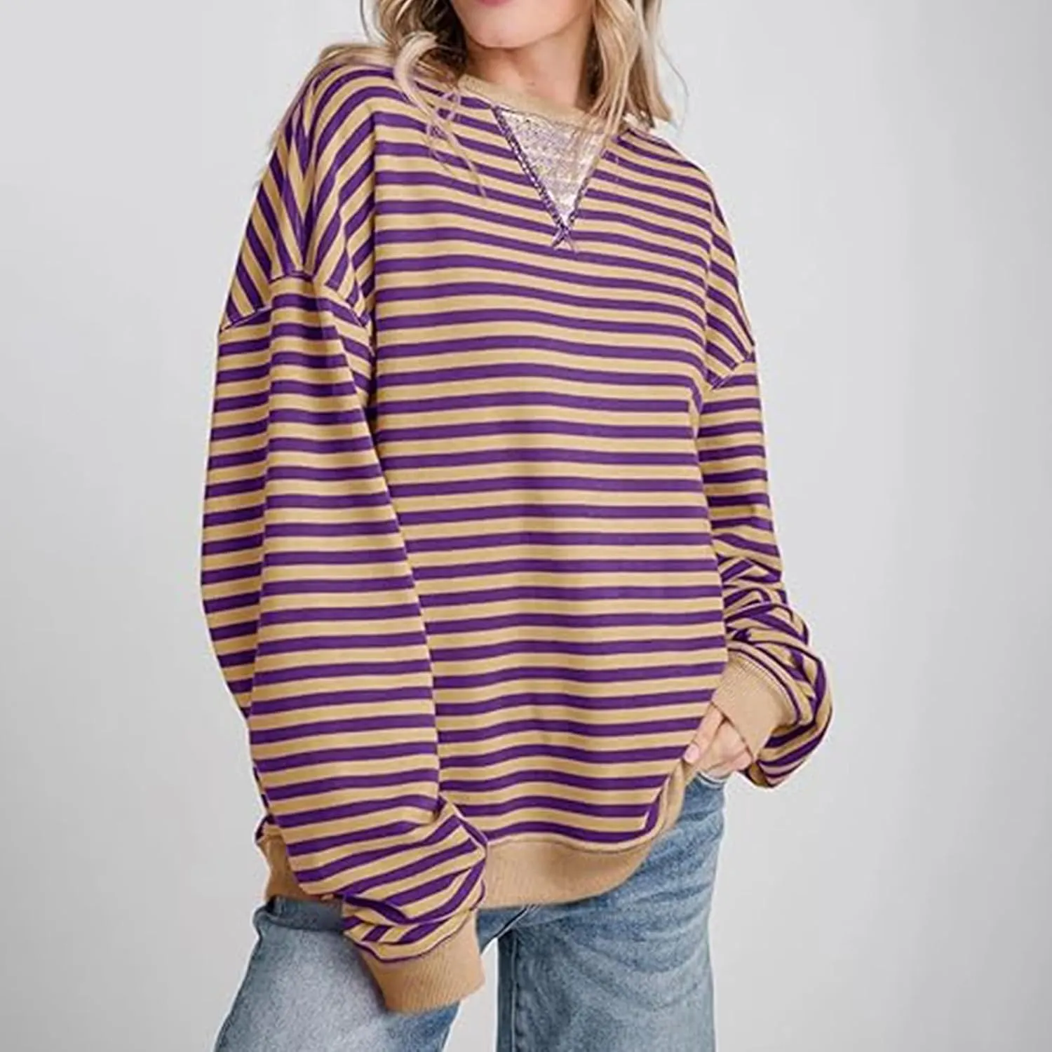 Women Striped Oversized Sweatshirt Long Sleeve Crewneck Hoodies Shirts 2024 Fall Pullover Top Trendy Preppy Clothes