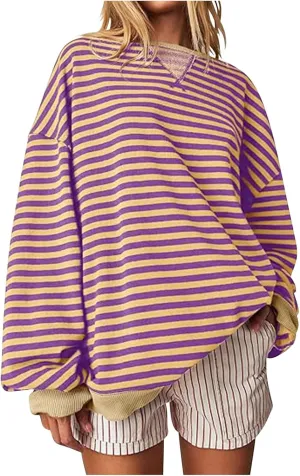 Women Striped Oversized Sweatshirt Long Sleeve Crewneck Hoodies Shirts 2024 Fall Pullover Top Trendy Preppy Clothes