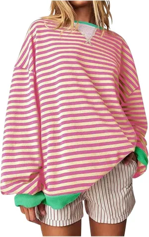 Women Striped Oversized Sweatshirt Long Sleeve Crewneck Hoodies Shirts 2024 Fall Pullover Top Trendy Preppy Clothes