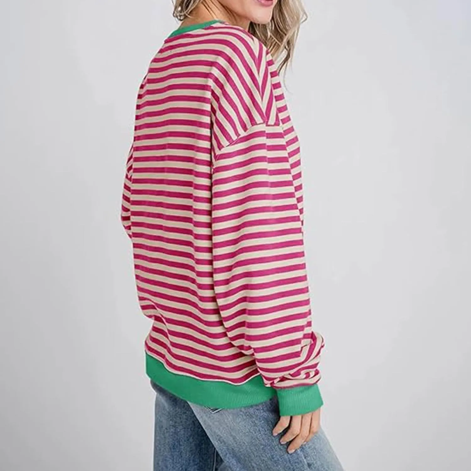 Women Striped Oversized Sweatshirt Long Sleeve Crewneck Hoodies Shirts 2024 Fall Pullover Top Trendy Preppy Clothes