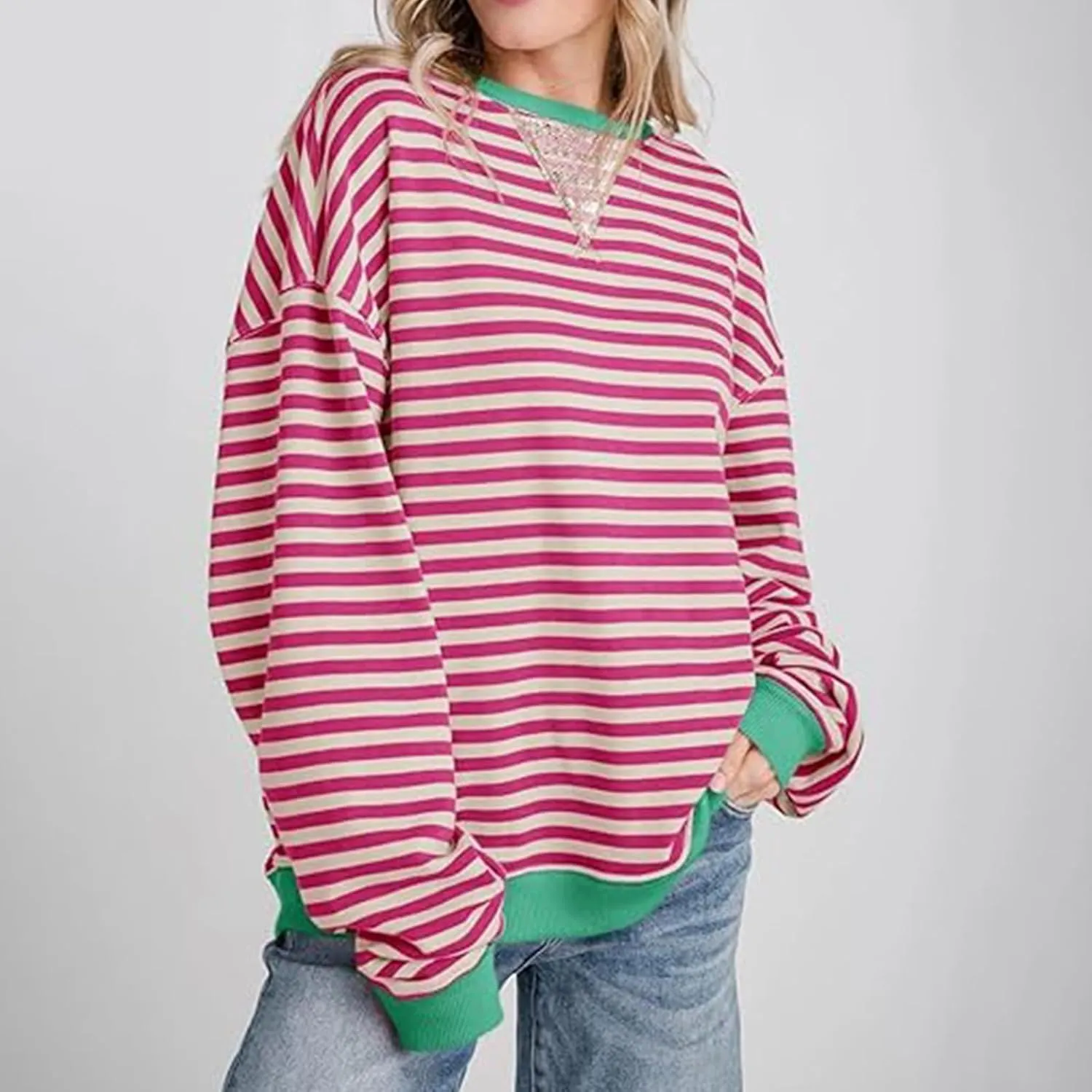 Women Striped Oversized Sweatshirt Long Sleeve Crewneck Hoodies Shirts 2024 Fall Pullover Top Trendy Preppy Clothes