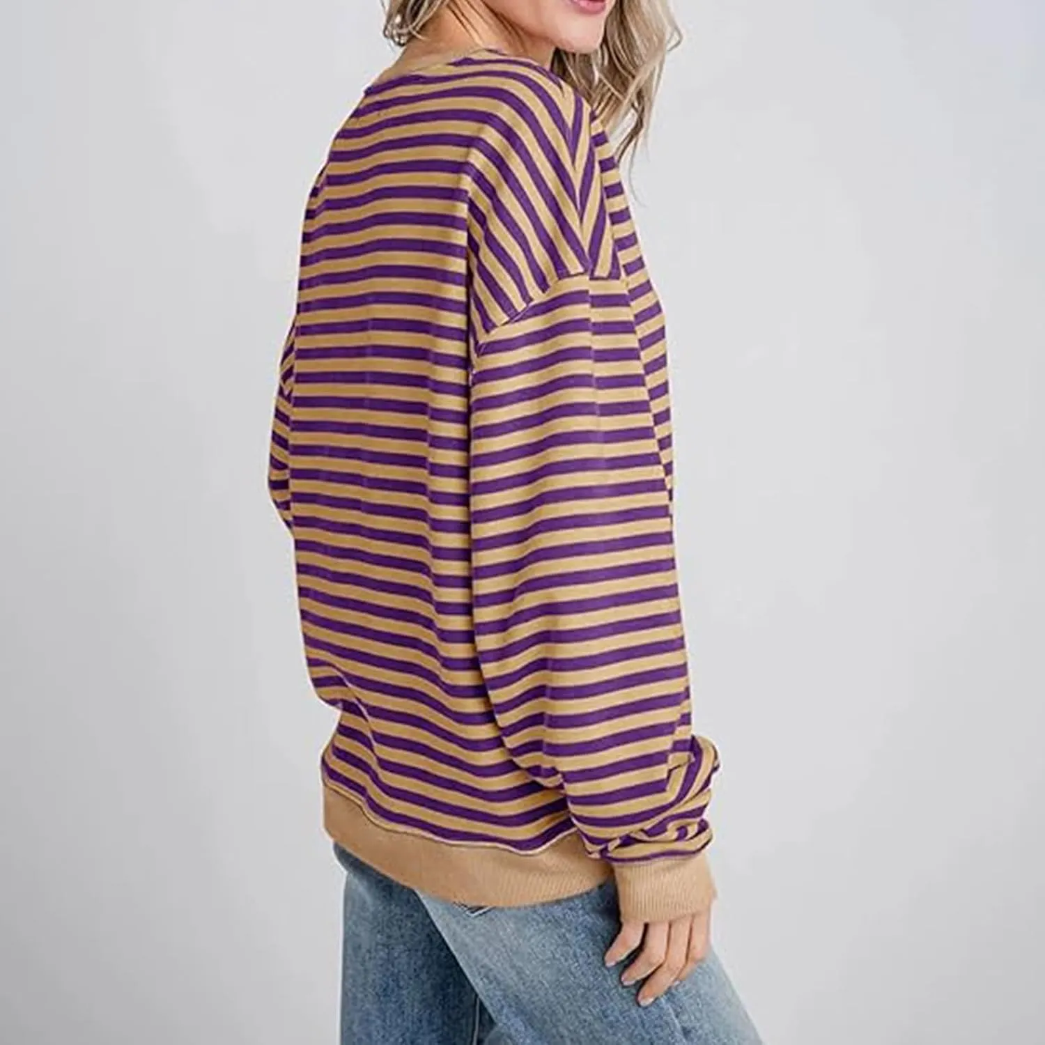 Women Striped Oversized Sweatshirt Long Sleeve Crewneck Hoodies Shirts 2024 Fall Pullover Top Trendy Preppy Clothes