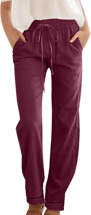 Women Summer Casual Cotton Linen Pants Solid Sports Lounge Beach Trousers Slim High Elastic Waist Pants with Pockets