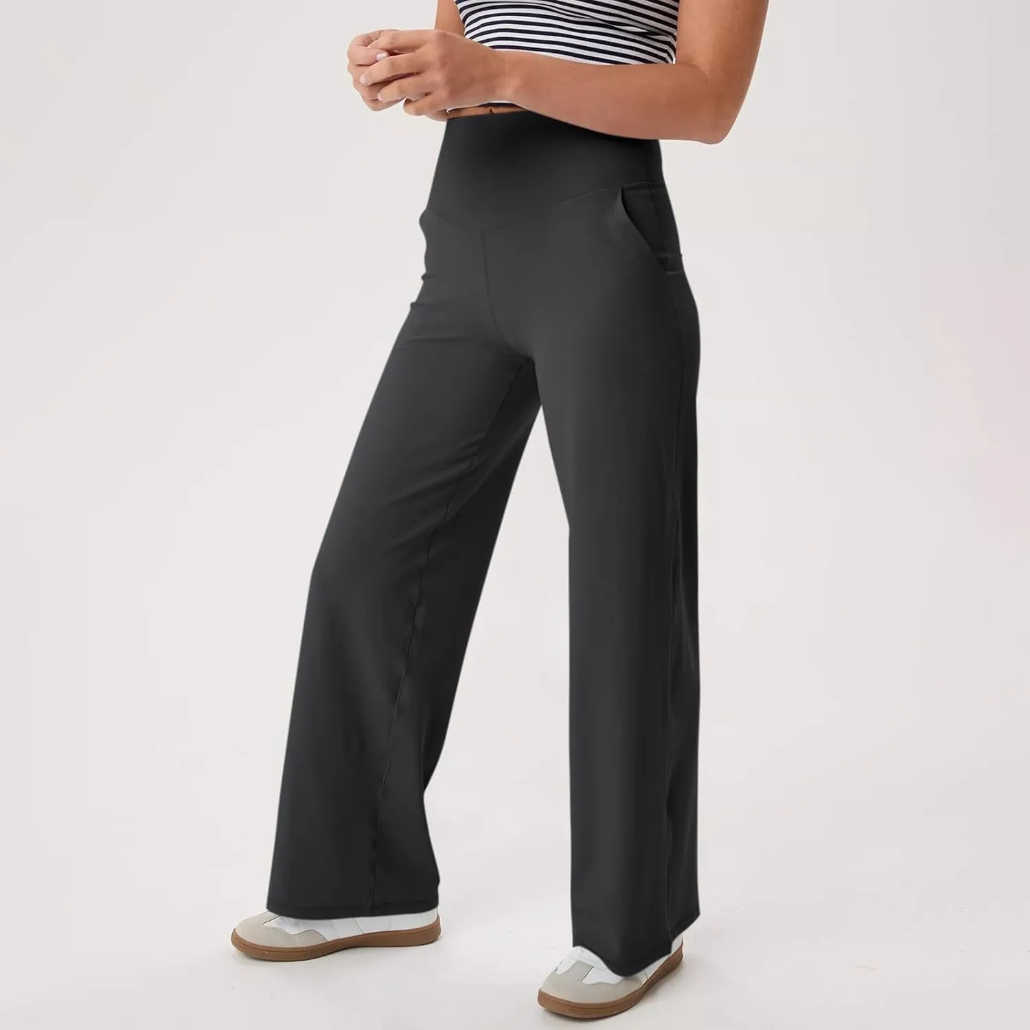 Women Wide Leg Yoga Pants with Pockets Stretch Straight Leg Dress Pants Tummy Control Flare Leggings Athletic Pant