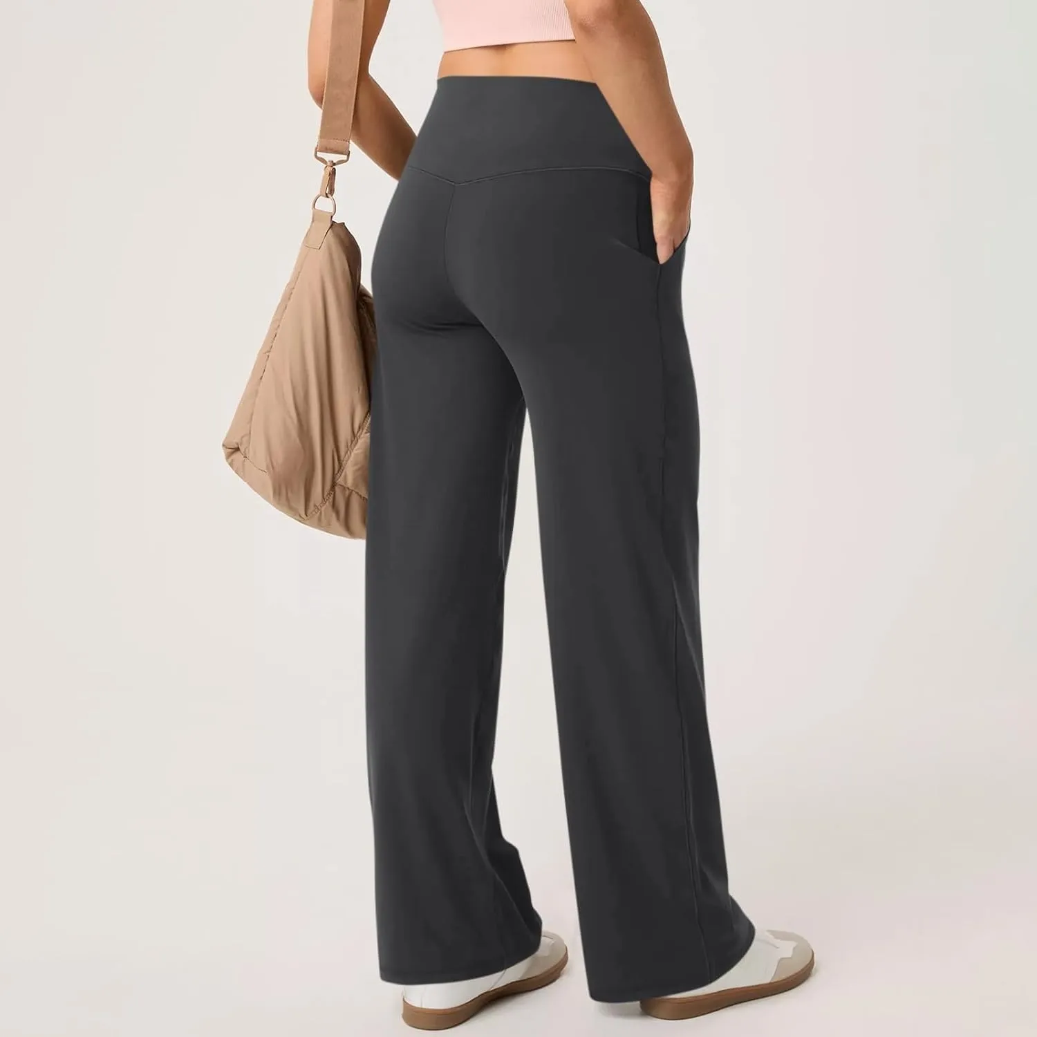 Women Wide Leg Yoga Pants with Pockets Stretch Straight Leg Dress Pants Tummy Control Flare Leggings Athletic Pant