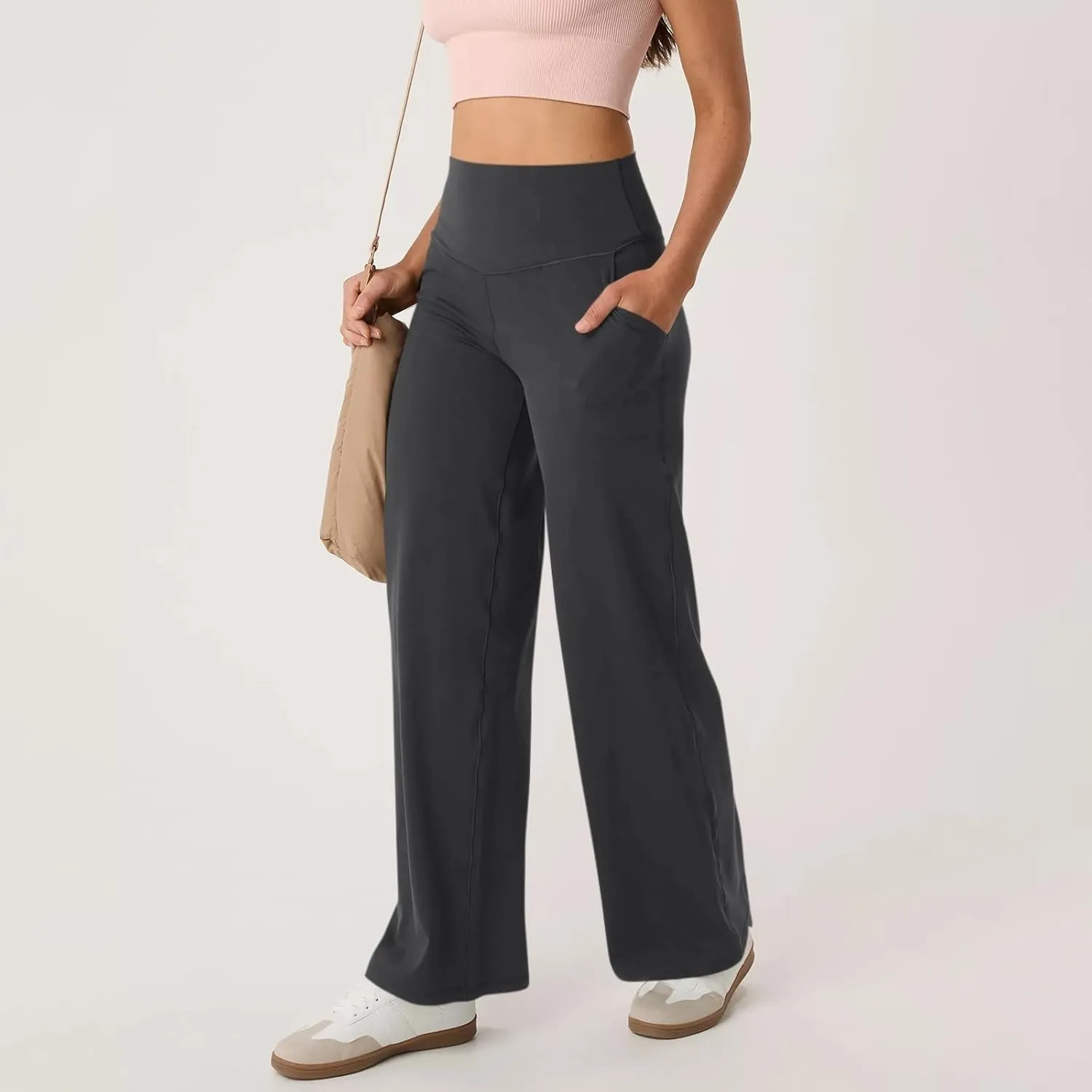 Women Wide Leg Yoga Pants with Pockets Stretch Straight Leg Dress Pants Tummy Control Flare Leggings Athletic Pant