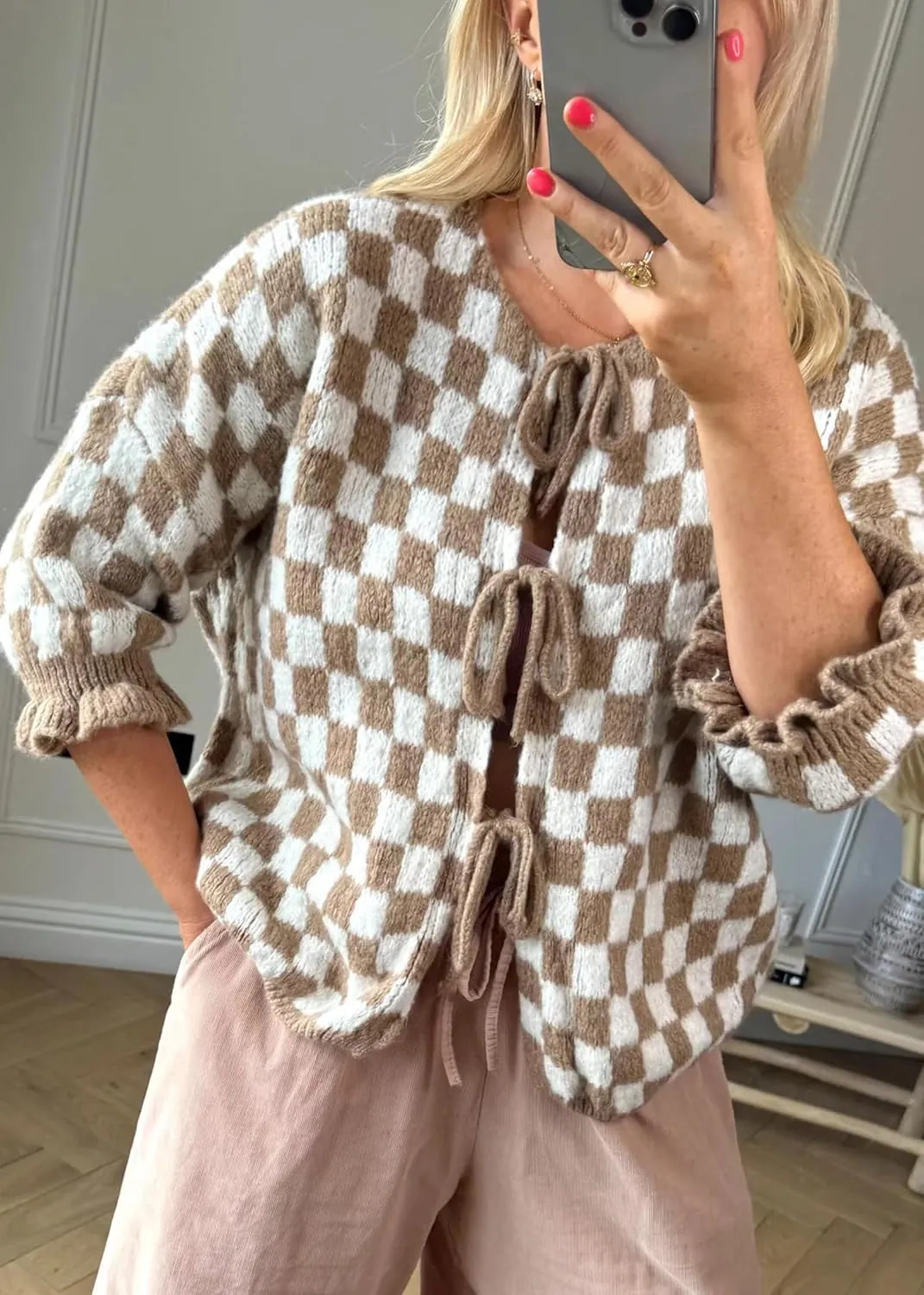 Women Y2K Tie Front Cardigan Sweater Ruffle Short Sleeve Checkered Open Front Knit Sweater Cute Loose Knitwear Tops
