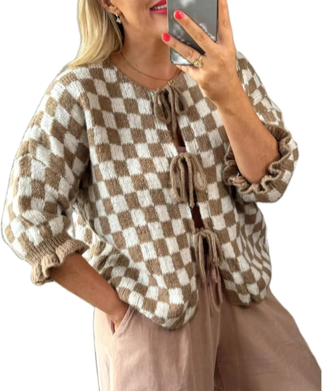 Women Y2K Tie Front Cardigan Sweater Ruffle Short Sleeve Checkered Open Front Knit Sweater Cute Loose Knitwear Tops
