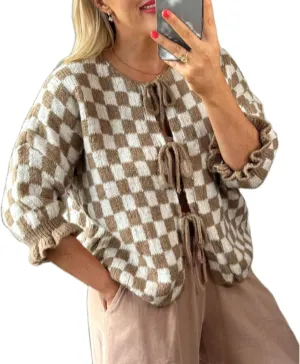 Women Y2K Tie Front Cardigan Sweater Ruffle Short Sleeve Checkered Open Front Knit Sweater Cute Loose Knitwear Tops
