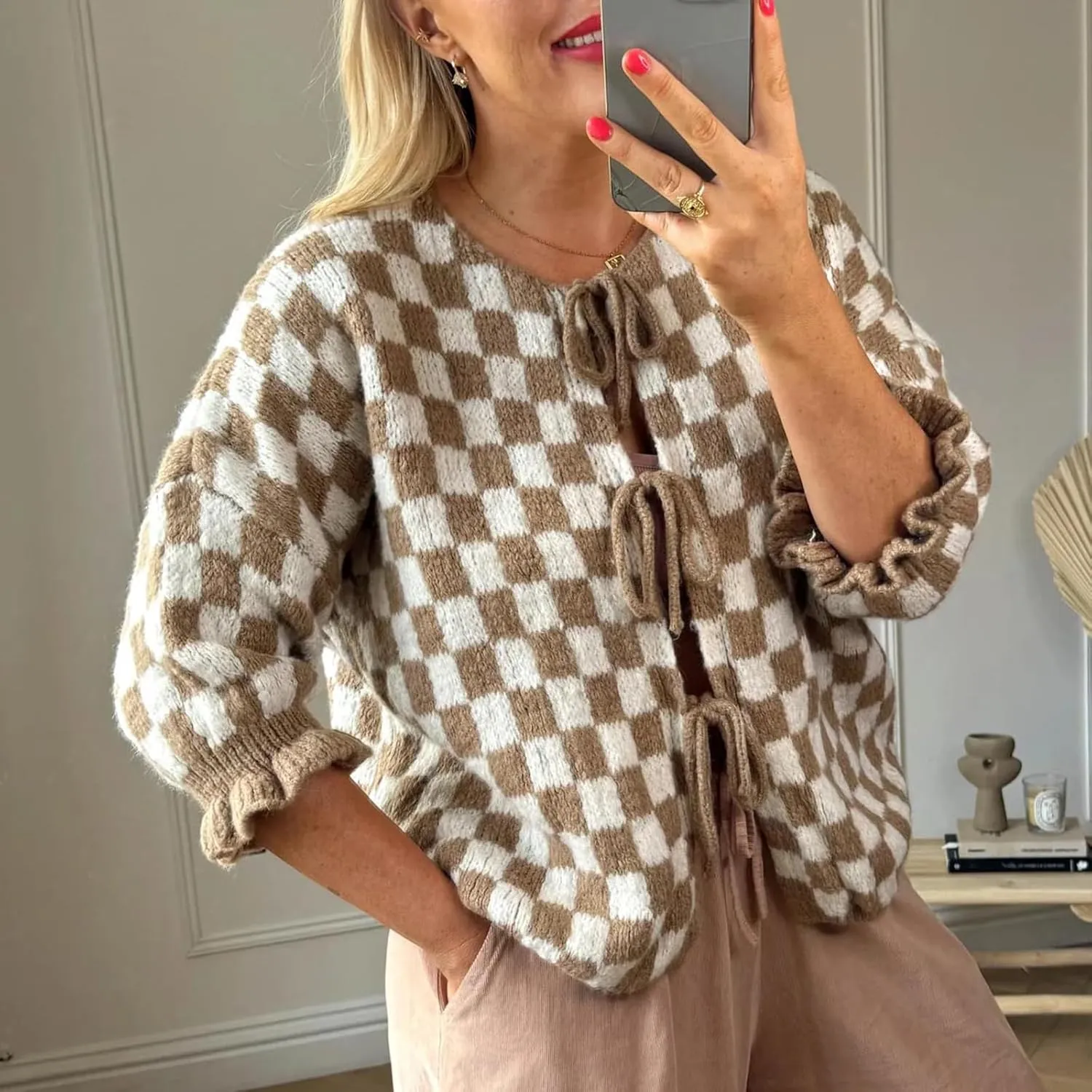 Women Y2K Tie Front Cardigan Sweater Ruffle Short Sleeve Checkered Open Front Knit Sweater Cute Loose Knitwear Tops