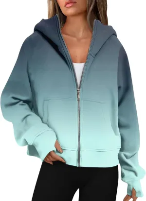 Women Zip Up Hoodie Fall Crop Top Thumb Hole Patterned Cute Hoodies Winter Vintage Long Sleeve Clothes With Pockets