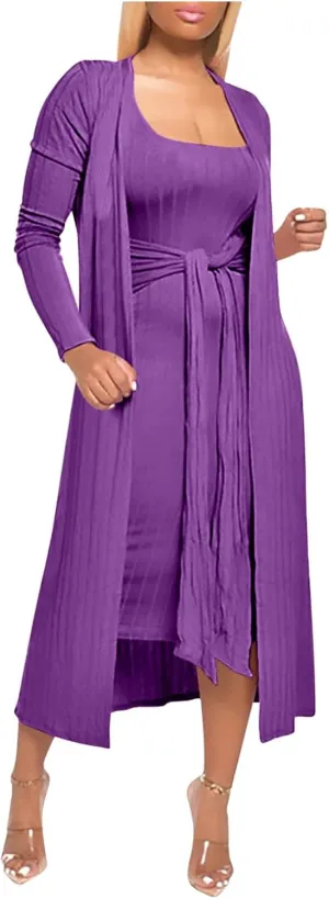Women's 2 Piece Knitted Outfits Spaghetti Strap Bodycon Midi Dress with Belted Sexy Open Front Long Cardigan Set