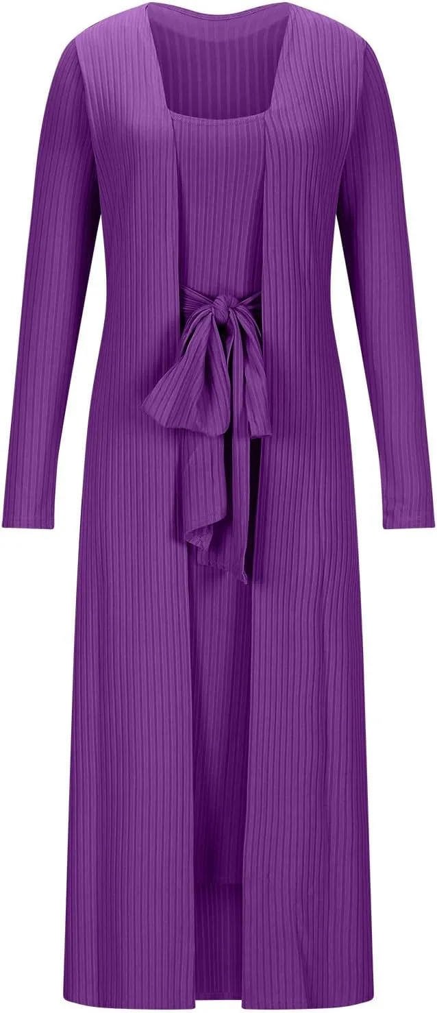 Women's 2 Piece Knitted Outfits Spaghetti Strap Bodycon Midi Dress with Belted Sexy Open Front Long Cardigan Set