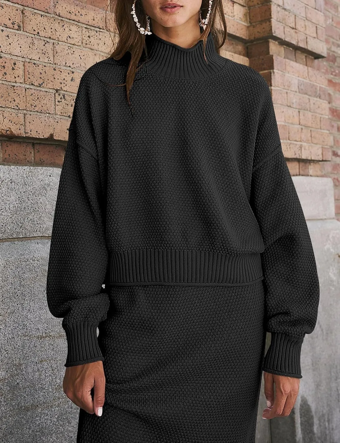 Womens 2 Piece Waffle Knit Lounge Outfits Turtleneck Pullover Sweater High Waist Long Pencil Skirt Set