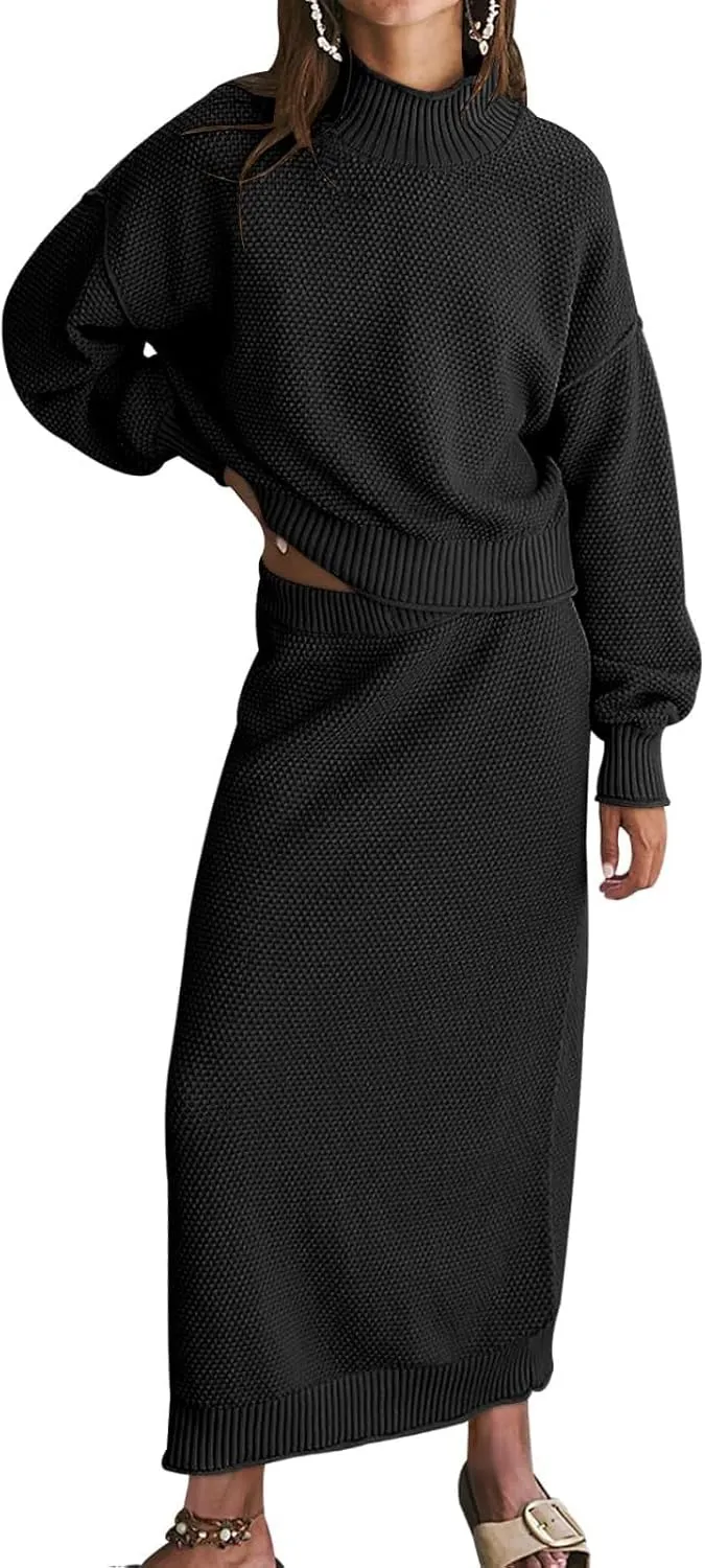 Womens 2 Piece Waffle Knit Lounge Outfits Turtleneck Pullover Sweater High Waist Long Pencil Skirt Set