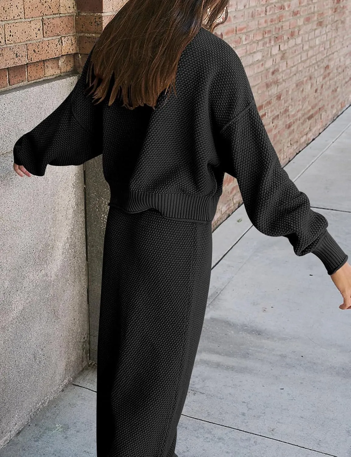 Womens 2 Piece Waffle Knit Lounge Outfits Turtleneck Pullover Sweater High Waist Long Pencil Skirt Set