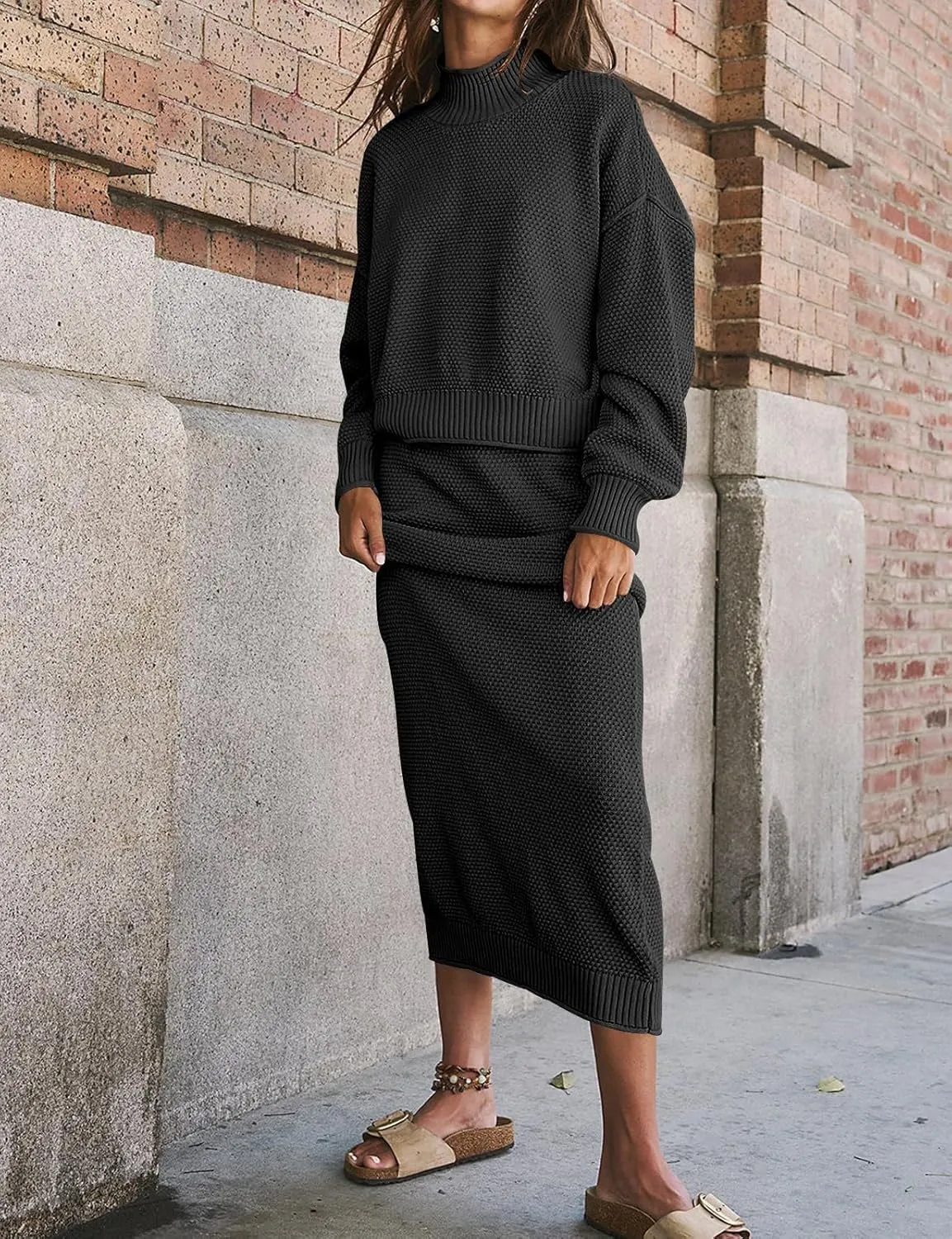 Womens 2 Piece Waffle Knit Lounge Outfits Turtleneck Pullover Sweater High Waist Long Pencil Skirt Set