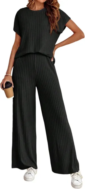 Women's 2two Piece Outfits Sweater Sets Casual Loose Knit Crewneck Short Sleeve Tops Wide Leg Pants