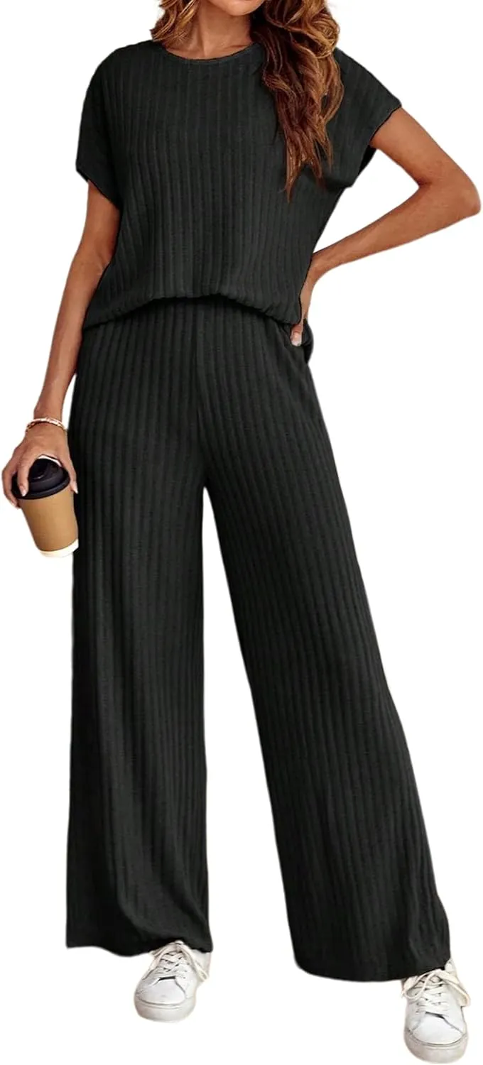 Women's 2two Piece Outfits Sweater Sets Casual Loose Knit Crewneck Short Sleeve Tops Wide Leg Pants