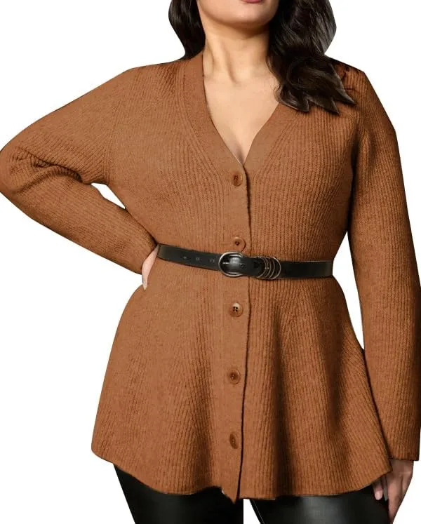 Womens Button Down Peplum Sweater Cardigan Long Sleeve Slim Fit V Neck Lightweight Ribbed Knit Top