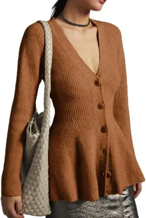 Womens Button Down Peplum Sweater Cardigan Long Sleeve Slim Fit V Neck Lightweight Ribbed Knit Top
