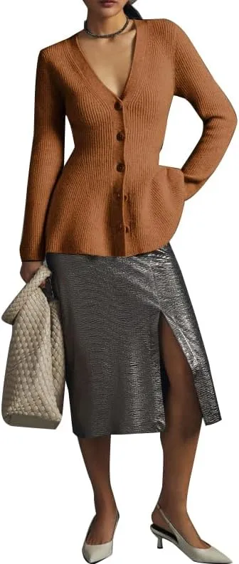 Womens Button Down Peplum Sweater Cardigan Long Sleeve Slim Fit V Neck Lightweight Ribbed Knit Top