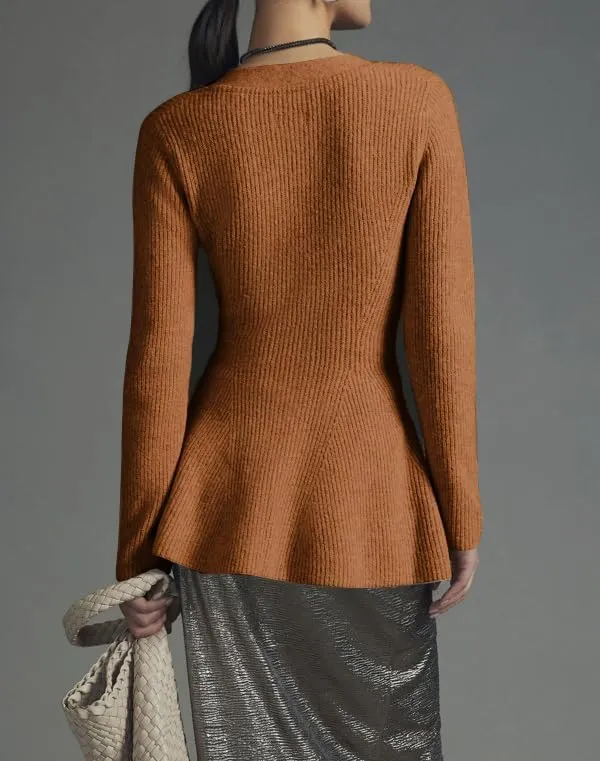 Womens Button Down Peplum Sweater Cardigan Long Sleeve Slim Fit V Neck Lightweight Ribbed Knit Top