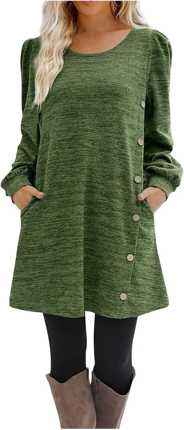 Women's Button Side Long Sleeve Dresses 2024 Fall Fashion Sweater Dresses Casual Crew Neck Pullover Tops with Pockets