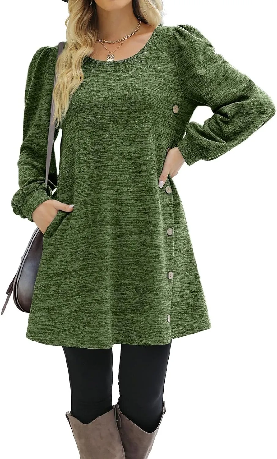 Women's Button Side Long Sleeve Dresses 2024 Fall Fashion Sweater Dresses Casual Crew Neck Pullover Tops with Pockets