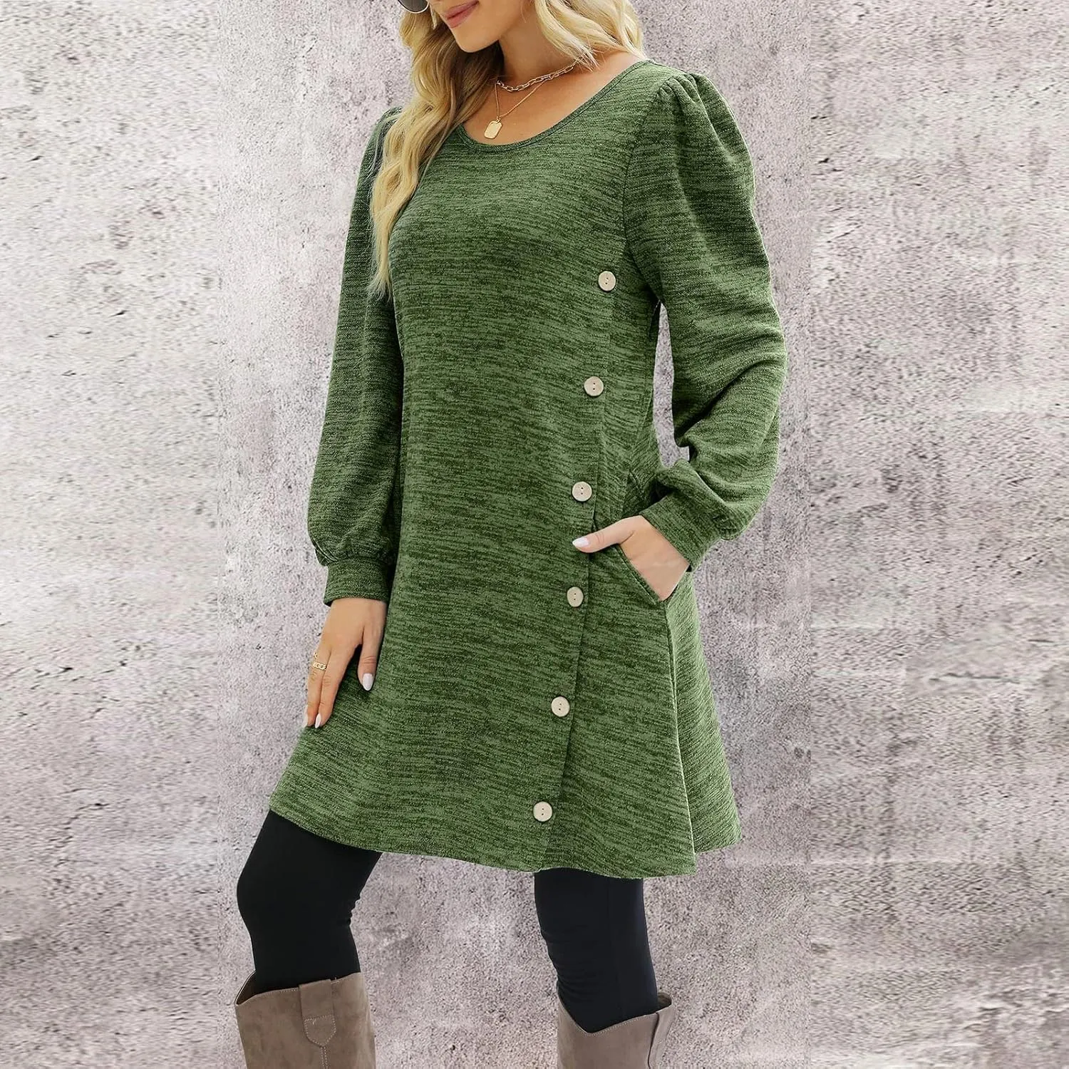 Women's Button Side Long Sleeve Dresses 2024 Fall Fashion Sweater Dresses Casual Crew Neck Pullover Tops with Pockets