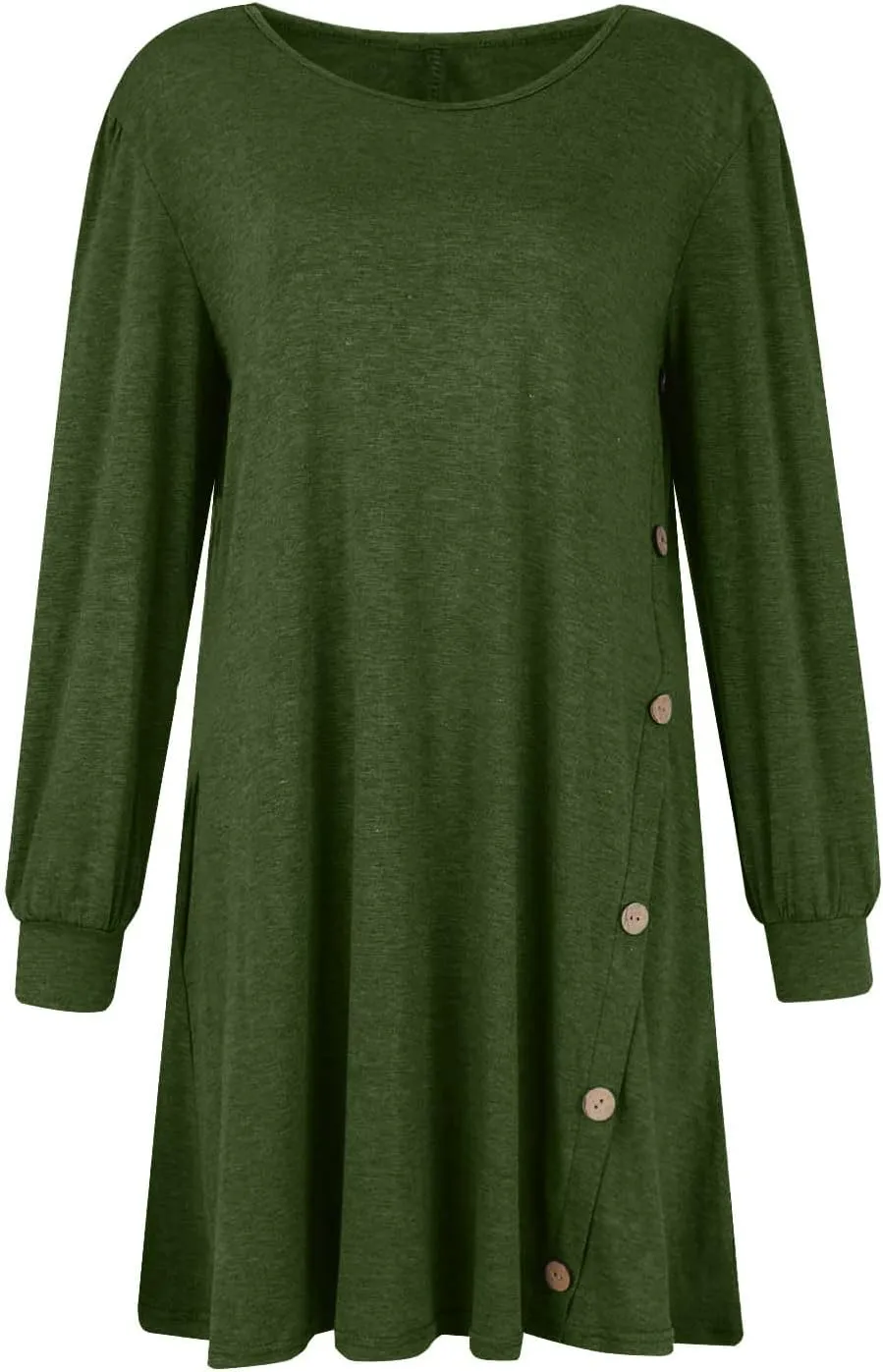 Women's Button Side Long Sleeve Dresses 2024 Fall Fashion Sweater Dresses Casual Crew Neck Pullover Tops with Pockets