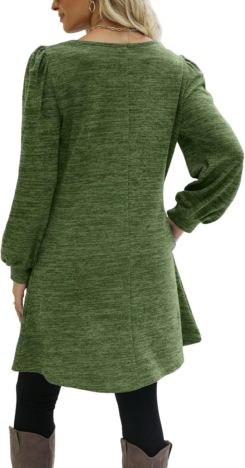 Women's Button Side Long Sleeve Dresses 2024 Fall Fashion Sweater Dresses Casual Crew Neck Pullover Tops with Pockets