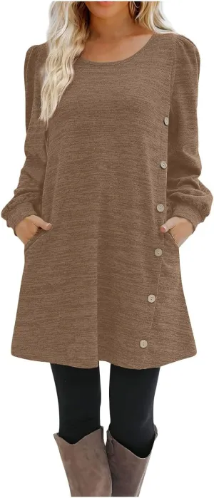 Women's Button Side Long Sleeve Dresses 2024 Fall Fashion Sweater Dresses Casual Crew Neck Pullover Tops with Pockets