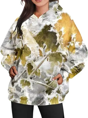Womens Camo Hoodie Maple Leaf Print Oversized Hooded Sweatshirt Fashion Y2K Hoodies Cute Trendy Fall Clothes Pockets