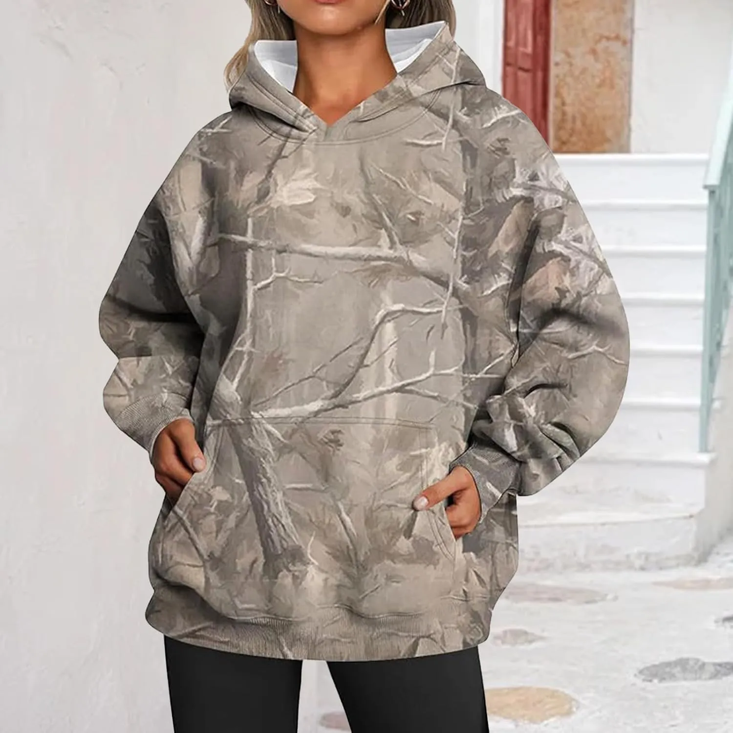 Womens Camo Hoodie Maple Leaf Print Oversized Hooded Sweatshirt Fashion Y2K Hoodies Cute Trendy Fall Clothes Pockets
