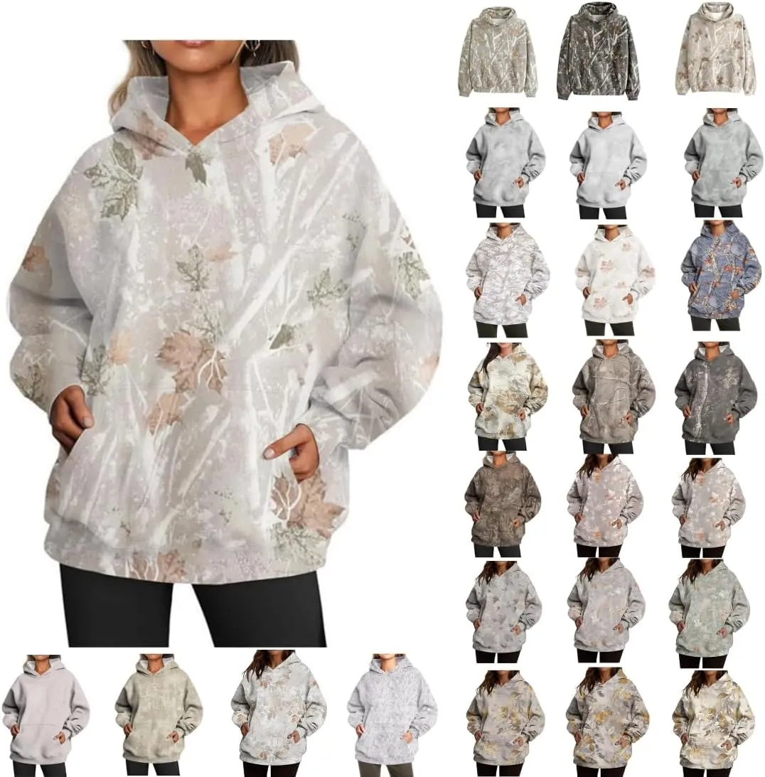 Womens Camo Hoodie Maple Leaf Print Oversized Hooded Sweatshirt Fashion Y2K Hoodies Cute Trendy Fall Clothes Pockets