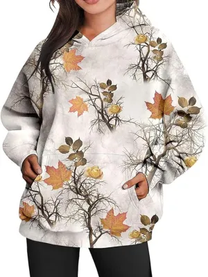 Womens Camo Hoodie Maple Leaf Print Oversized Hooded Sweatshirt Fashion Y2K Hoodies Cute Trendy Fall Clothes Pockets
