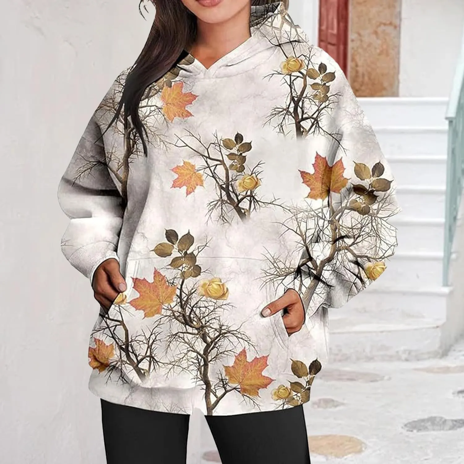 Womens Camo Hoodie Maple Leaf Print Oversized Hooded Sweatshirt Fashion Y2K Hoodies Cute Trendy Fall Clothes Pockets