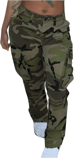Women's Camo Stretchy Cargo Pants High Elastic Waisted Slim Fit Camouflage Military Trousers with Pockets