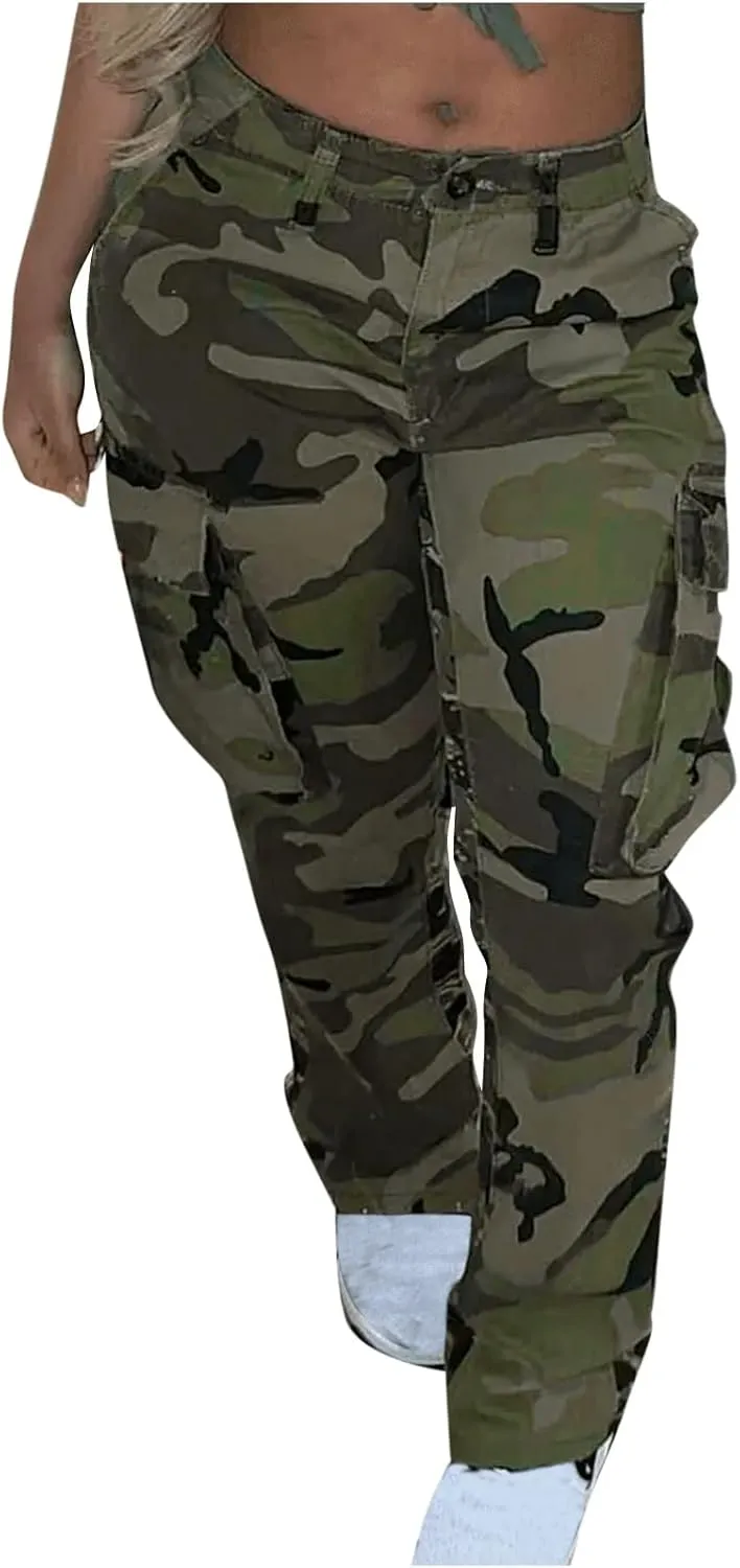 Women's Camo Stretchy Cargo Pants High Elastic Waisted Slim Fit Camouflage Military Trousers with Pockets