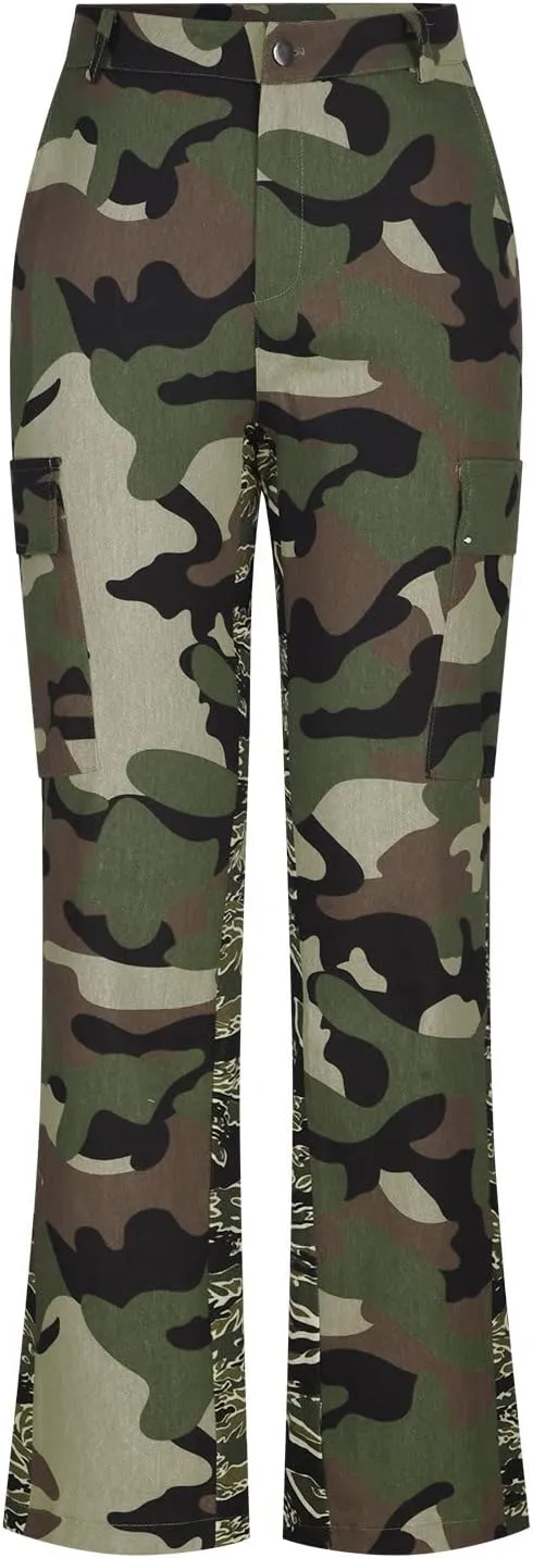 Women's Camo Stretchy Cargo Pants High Elastic Waisted Slim Fit Camouflage Military Trousers with Pockets