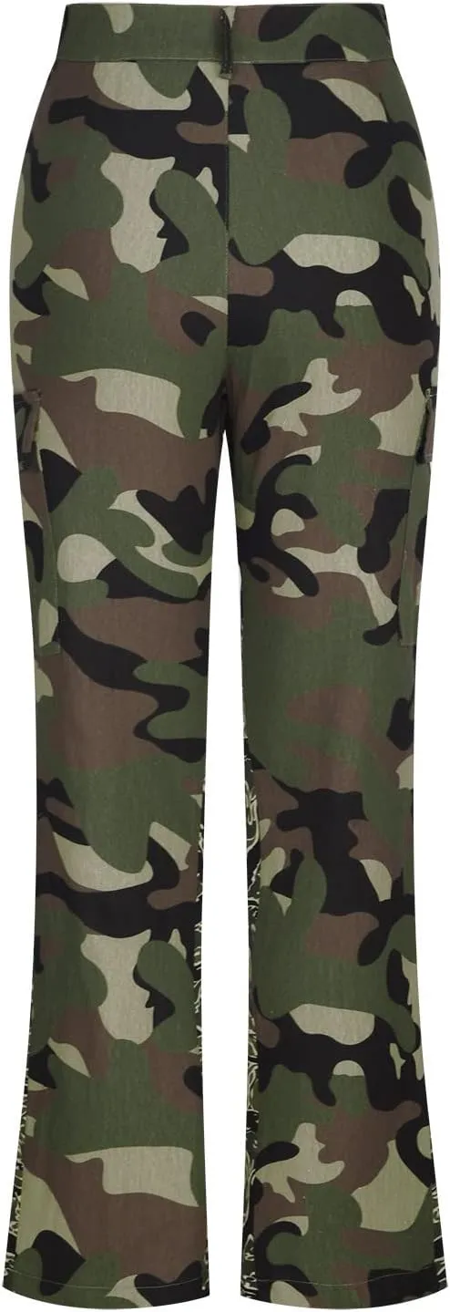 Women's Camo Stretchy Cargo Pants High Elastic Waisted Slim Fit Camouflage Military Trousers with Pockets