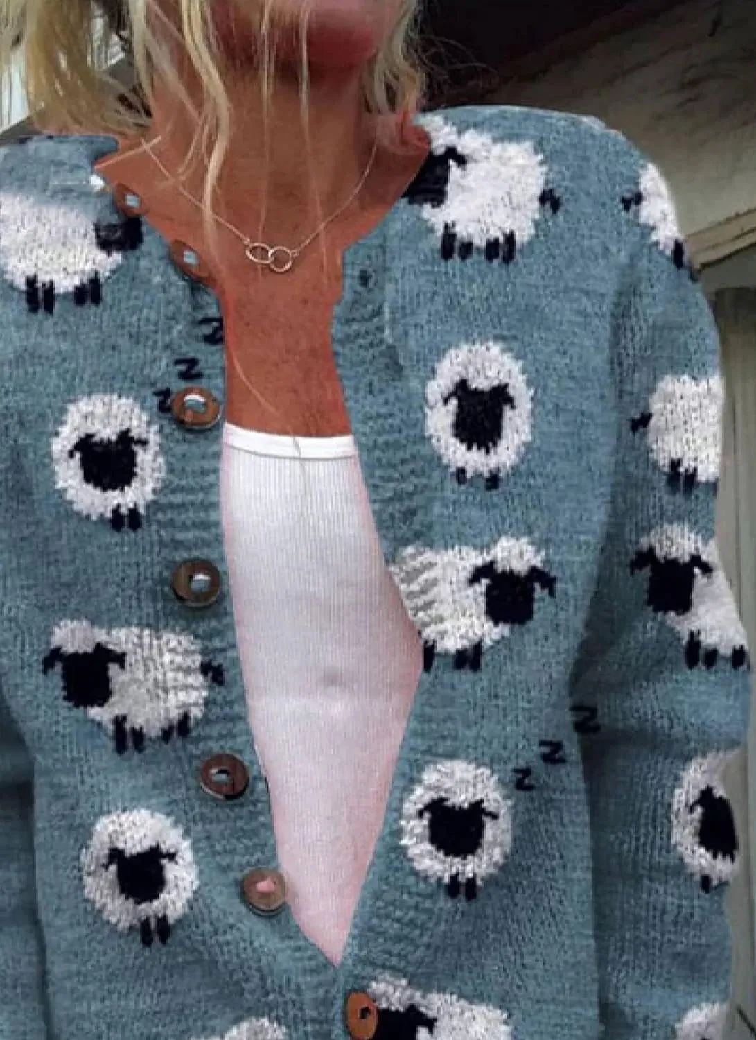 Womens Cartoon Sheep Print Cardigan Loose Button Down Sweater Crew Neck Open Front Knitted Coat Winter Chunky Knit