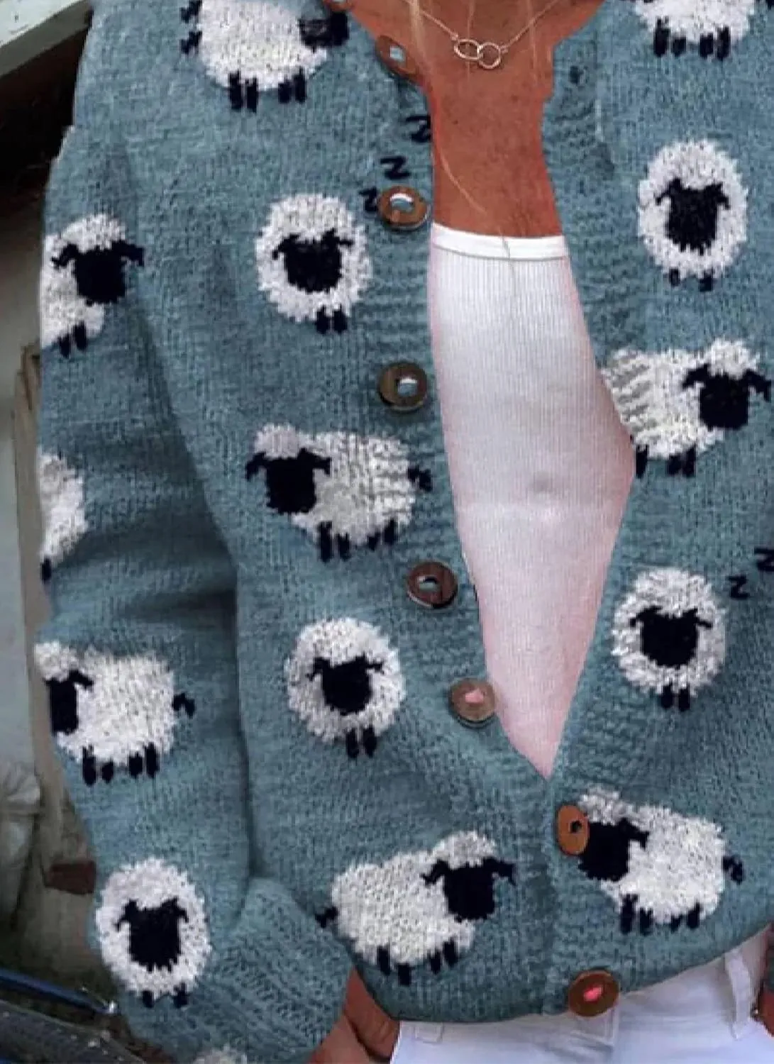Womens Cartoon Sheep Print Cardigan Loose Button Down Sweater Crew Neck Open Front Knitted Coat Winter Chunky Knit