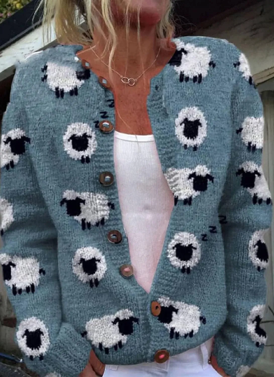 Womens Cartoon Sheep Print Cardigan Loose Button Down Sweater Crew Neck Open Front Knitted Coat Winter Chunky Knit