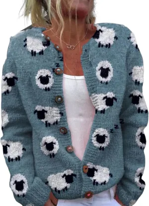 Womens Cartoon Sheep Print Cardigan Loose Button Down Sweater Crew Neck Open Front Knitted Coat Winter Chunky Knit