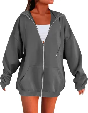 Womens Casual Full Zip Up Hoodies Oversized Long Sleeve Solid Sweatshirts Fall Trendy Comfy Loose Jacket with Pockets