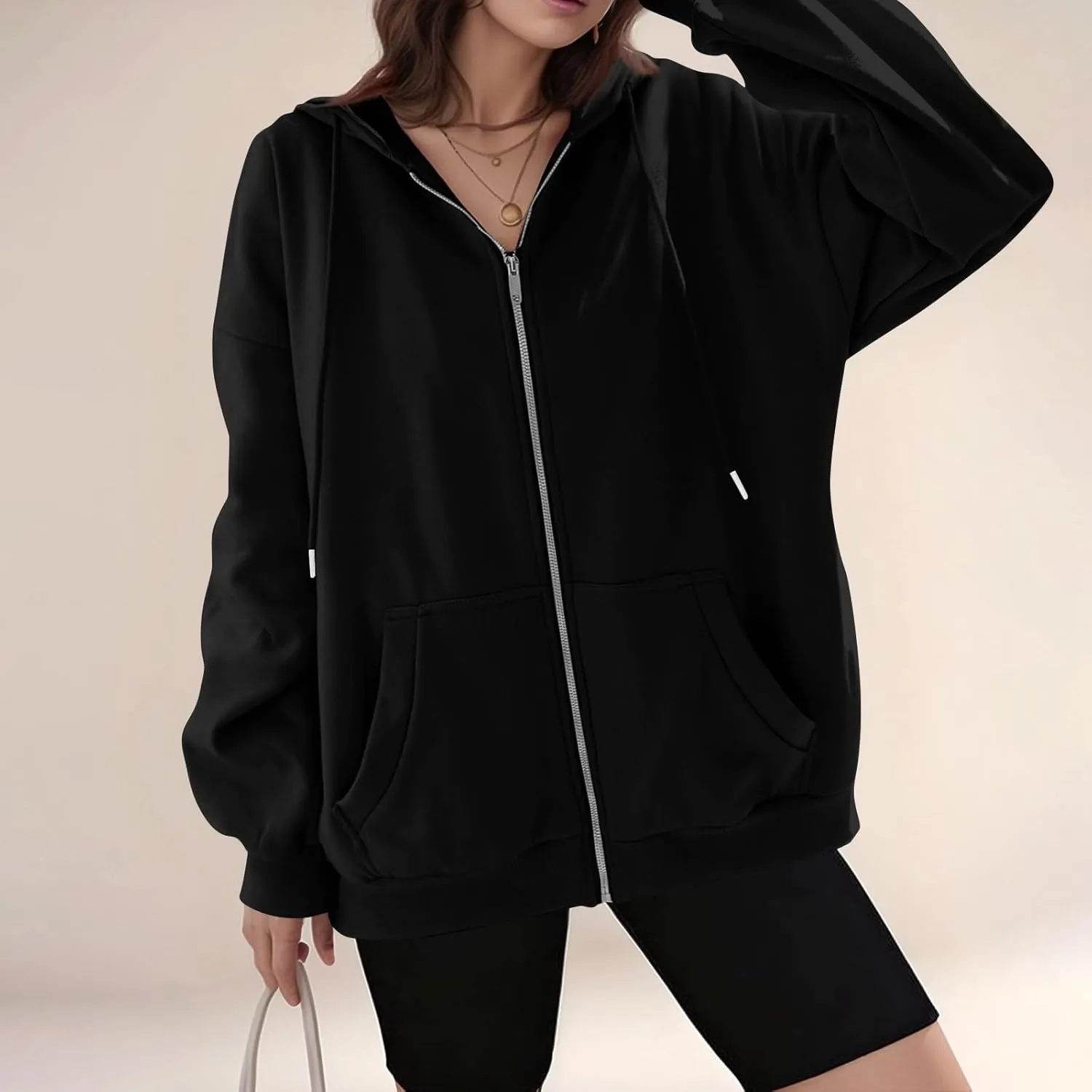 Womens Casual Full Zip Up Hoodies Oversized Long Sleeve Solid Sweatshirts Fall Trendy Comfy Loose Jacket with Pockets