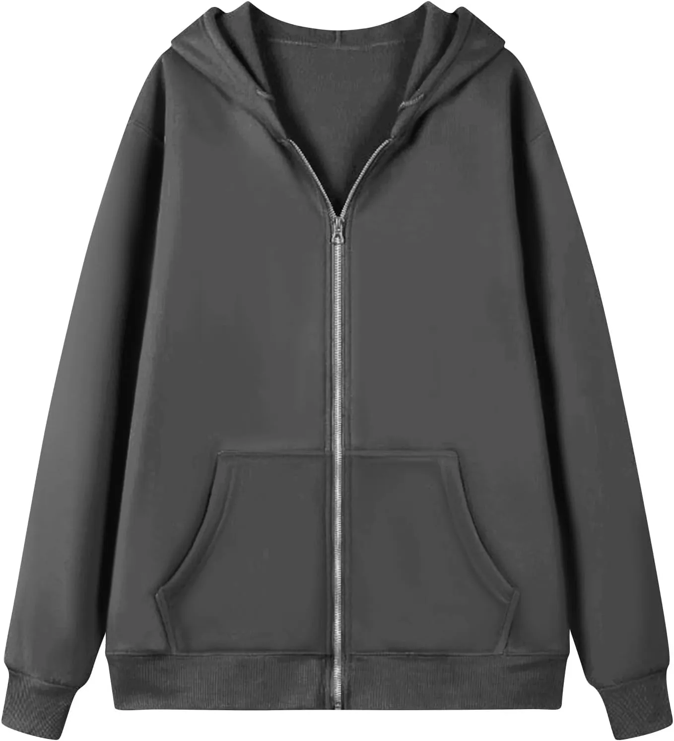 Womens Casual Full Zip Up Hoodies Oversized Long Sleeve Solid Sweatshirts Fall Trendy Comfy Loose Jacket with Pockets